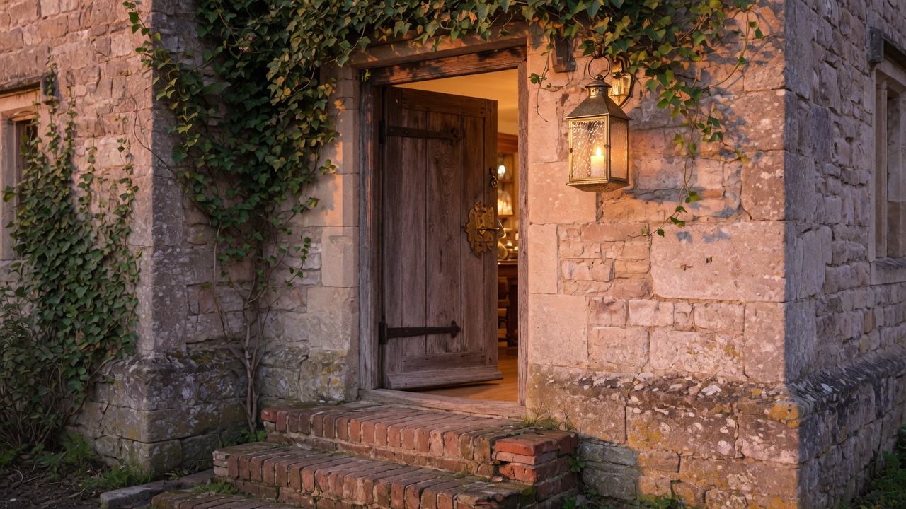 Limestone shop door ajar with a hanging lantern