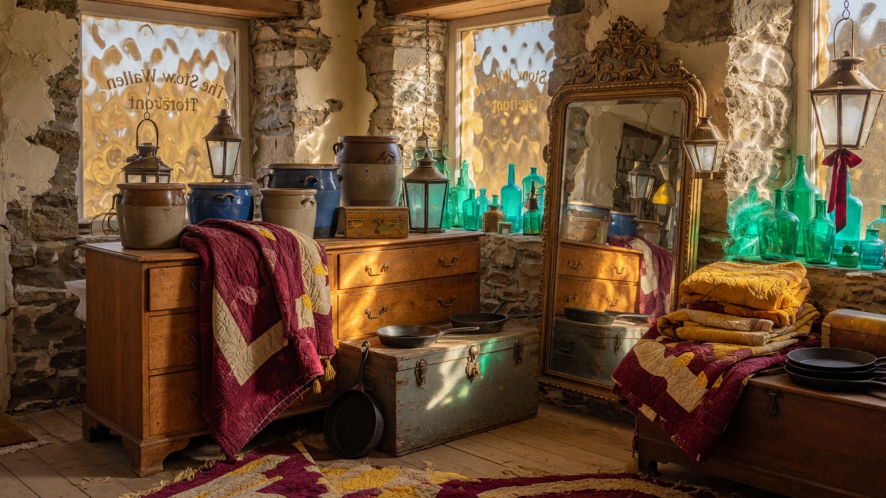 Stone-walled antique shop with oak, glass, quilts and lanterns