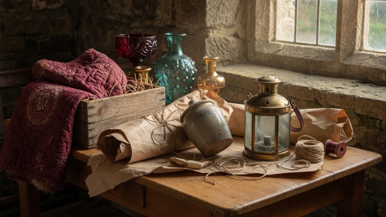 Packing table with kraft paper, twine, lantern and crock
